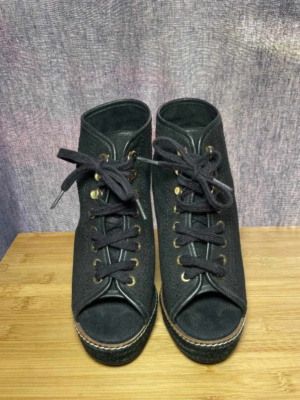 Tory Burch Peep Toe Lace Up Espadrille Wedge Sandals 7B Black Canvas Shoes 4